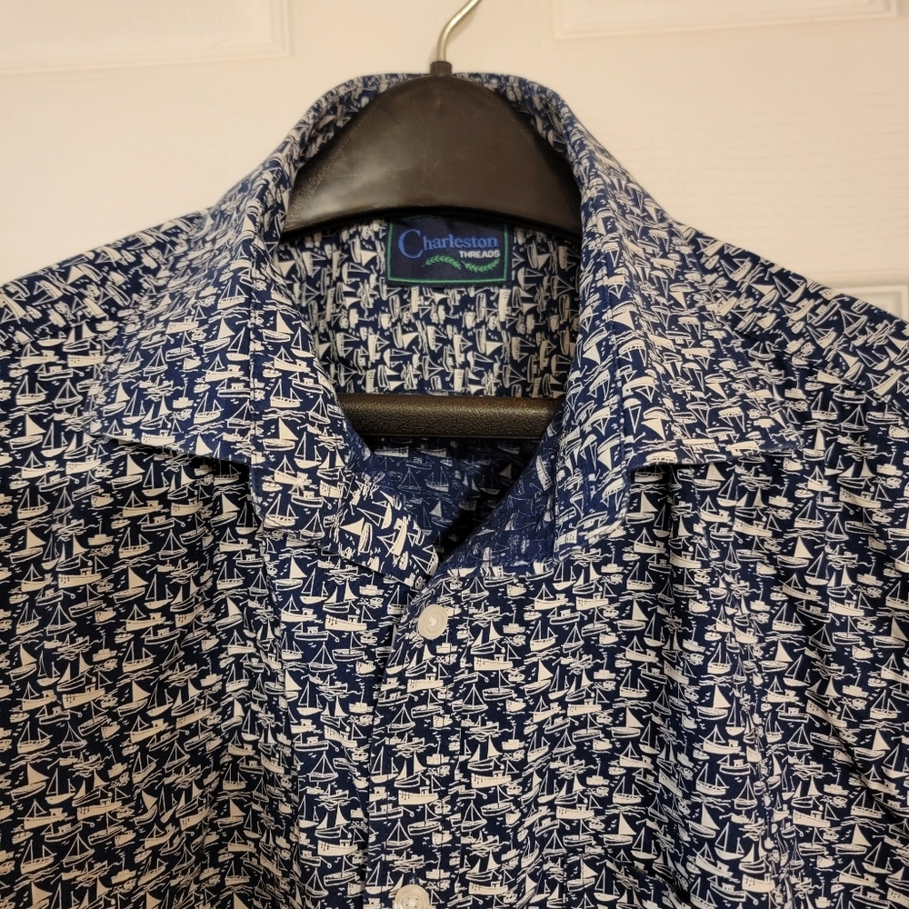 Charleston Thread Sailboat Print Mens Shirt Navy Blue White Xl Long Sleeve
